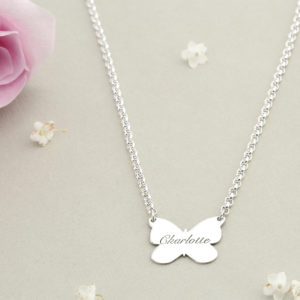 Girls Butterfly Charm with Name Engraving and necklace.