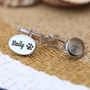 Oval Silver cufflinks engraved with paws and names or initials