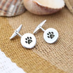 Round silver cufflinks engraved with paws and names or initials
