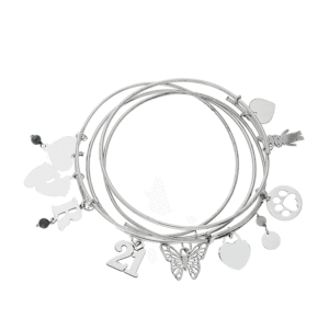 A silver expandable bangle with various personalised charms