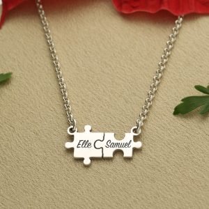 A necklace with a puzzle charm