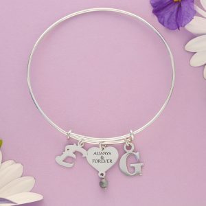 Silver expandable bangle with initials and a heart with a hanging bead
