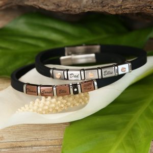 Black leather bracelet with stainless steel engravable plates