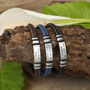Leather bracelet with stainless steel engravable plate
