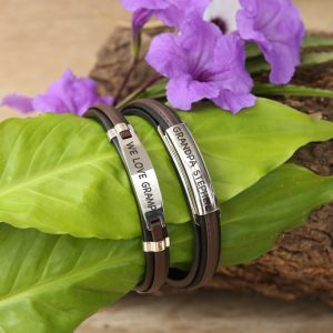 Brown Leather bracelet with stainless steel engravable plate